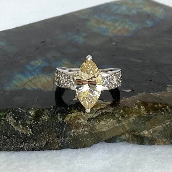 Sterling Silver 925 BBJ Marquise Faceted Yellow CZ & Clear Spinel Accent Ring - Picture 2 of 16